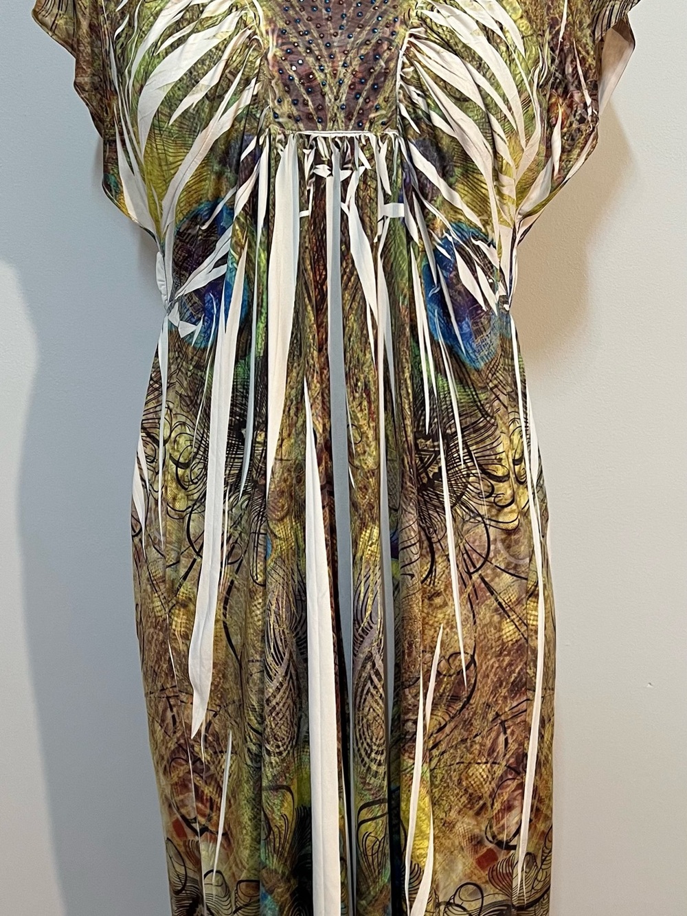 Unity World Wear Green Multi-Print Midi Dress with White Accents Silk